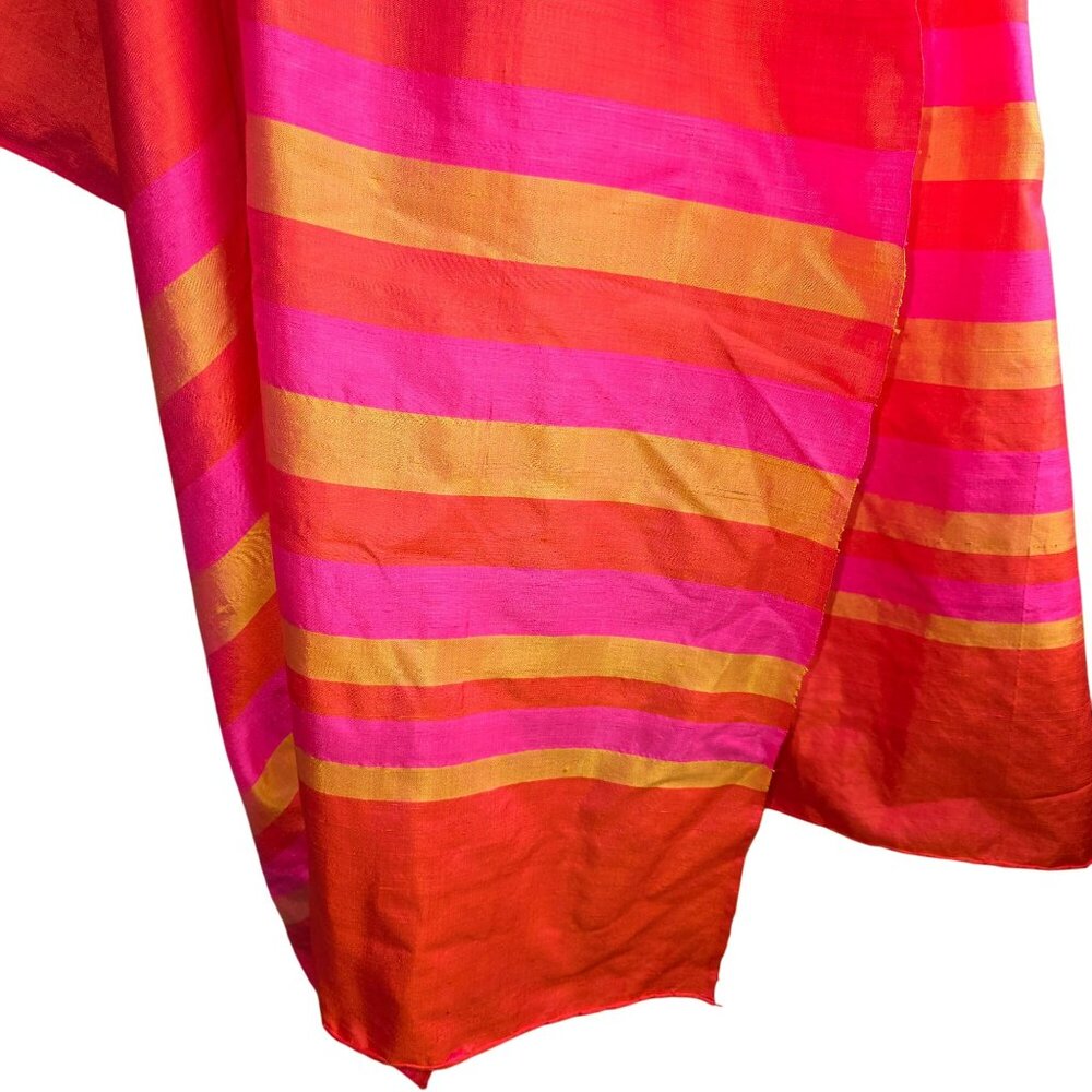 Vintage Pink Orange Handwoven Raw Silk Scarf/Shawl With Fuchsia Stripes HS242 - Picture 6 of 10